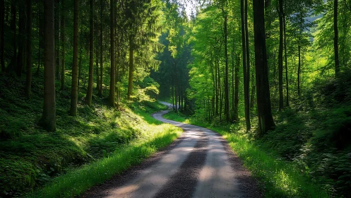 Forest Road Dappled Light Through Dense Woodland Canopy.