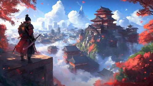 Samurai overlooking misty mountain city in autumn light.
