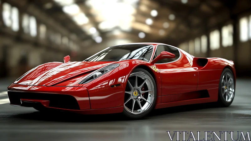 Crimson supercar prowls a sunlit warehouse of blurred echoes.