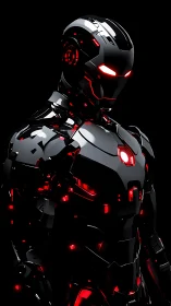 Black humanoid combat robot with red illuminated armor