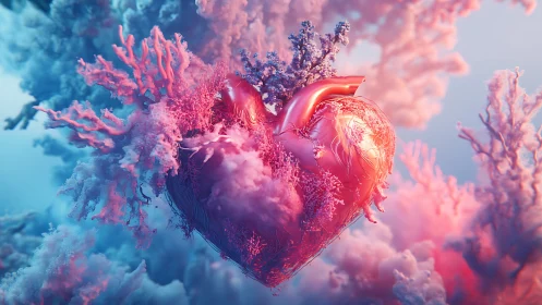 Luminous Heart Suspended in Ethereal Coral Cloud Formation.