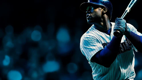 Baseball batter in striped uniform under stadium lights.