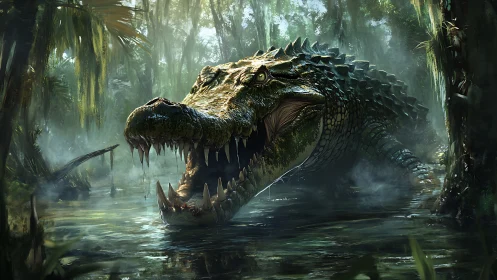 Predatory crocodile lunges through swamp water with hyperreal detail