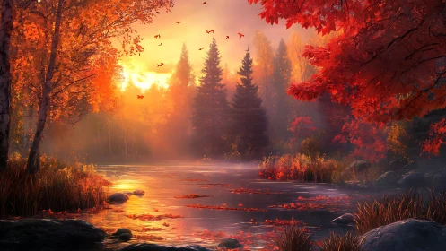 Autumn forest river under low sunset light with red foliage.