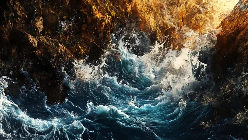 Storm-tossed sapphire waves collide with molten seaside cliffs.