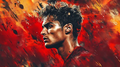 Fiery portrait of a focused young man in bold warm colors.