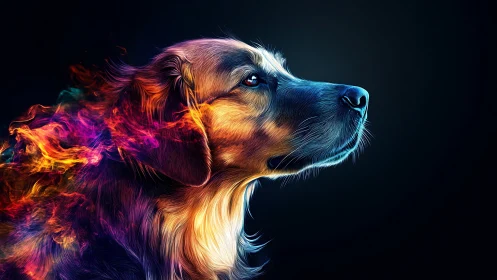 Luminous dog portrait glows with fiery neon streaks of color