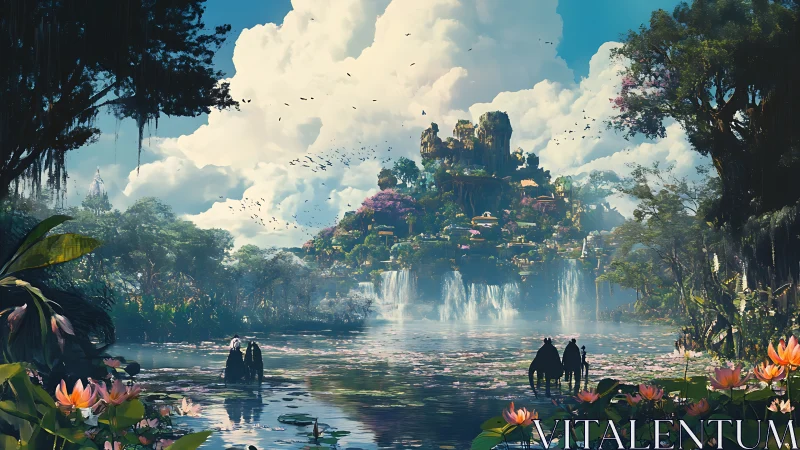 Ethereal Floating Citadel With Cascading Waterfalls And Verdant Canopy.