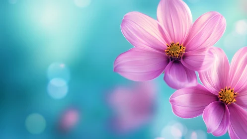 Pink cosmos flowers against turquoise background.