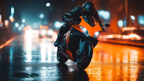 Sportbike slices neon city street under cinematic rain.
