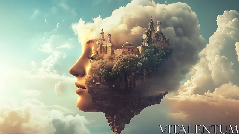 Surreal sky portrait merges dreaming face with floating citadel.