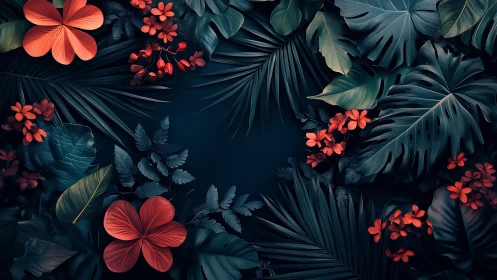 Digital rendering shows red flowers framed by dark tropical leaves