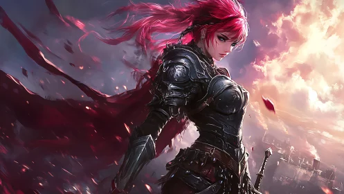 Scarlet-haired knight dominates stormlit burning skyline.