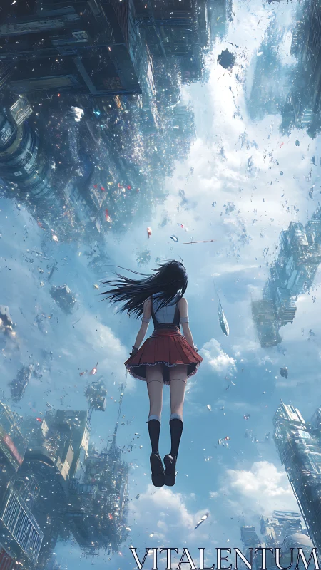 Skyward girl amid inverted cyber metropolis and drifting clouds.