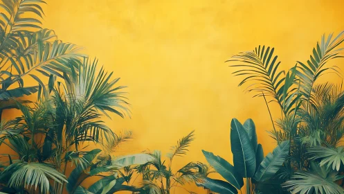 Tropical foliage layer against uniform yellow background wall.