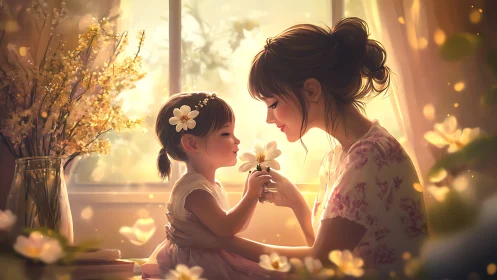 Mother and daughter share a tender flower moment in sunlight.