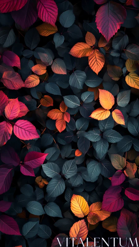 Chromatic leaf canopy with high-contrast teal, magenta and amber hues