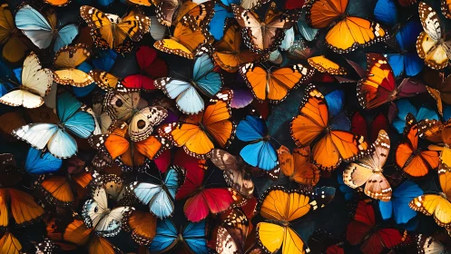 Overlapping butterfly specimens form a dense wing pattern