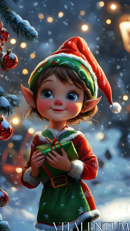 Christmas elf child holding gift in snowy night scene.