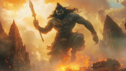 Storm-forged warrior-god leaping through burning temples.