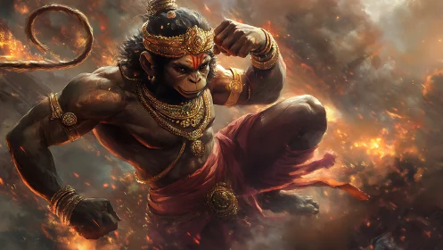 Mythic warrior monkey god charging through blazing sky.