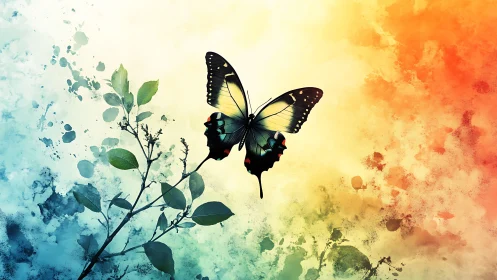 Butterfly hovers in radiant watercolor sky of shifting hues.