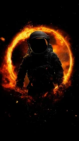 Solar-ringed voidwalker strides through embers of night.