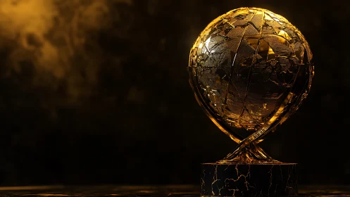 Golden globe trophy sculpture under dramatic studio light.