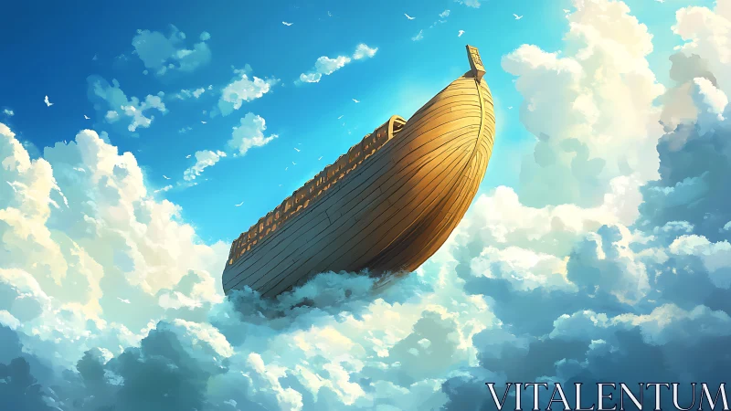 Wooden ark floats above dense clouds under bright sky