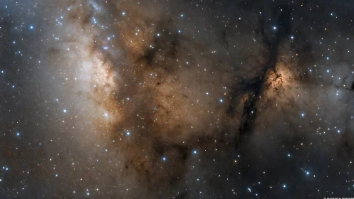 Star-sown dust rivers winding through a golden galactic heart.