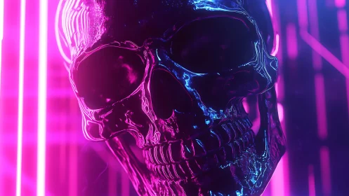 Neon-lit chrome skull glows boldly in electric pink light
