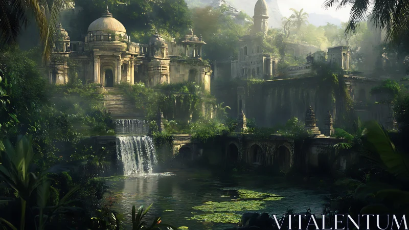 Lost jungle temple city with waterfalls and overgrown ruins.