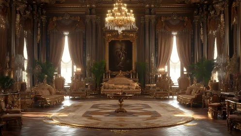 Baroque palace salon in symmetrical 3D interior rendering.