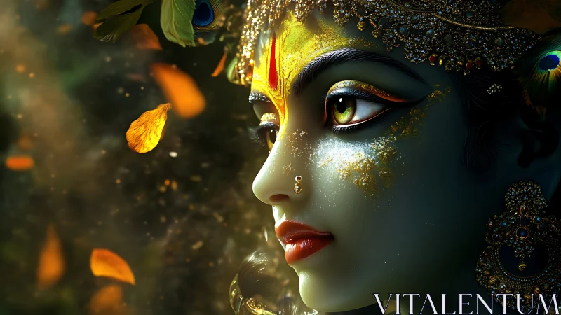 Divine profile portrait with jeweled headdress and golden bokeh.