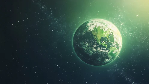 Planet Earth in green tinted deep space scene.