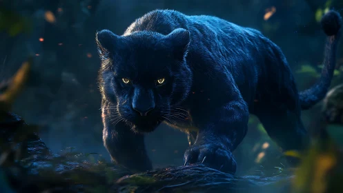 Black panther specimen illuminated by directional light in forest setting.
