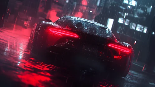 Sleek red supercar glowing through neon city rainstorm.