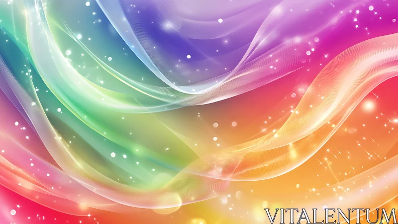 Iridescent rainbow light waves over sparkling gradient field.