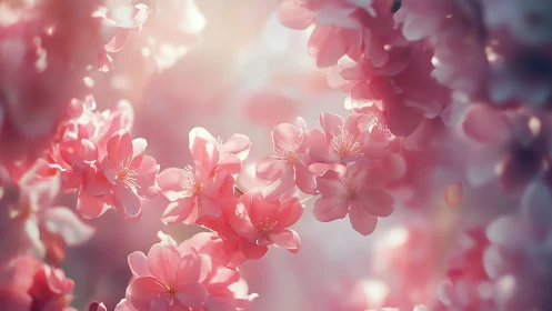 Soft-focus pink azalea blooms with backlighting and bokeh rendering.