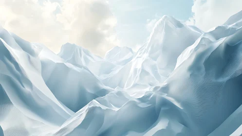Algorithmic snow mountain landscape rendered in soft volumetric light