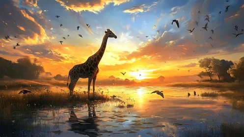 Giraffe wades through flaming sunrise over mirrored savanna pond.