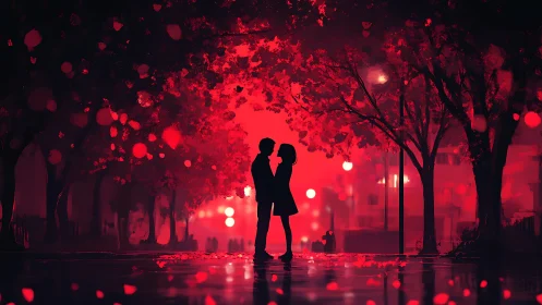 Red urban romance: silhouetted couple beneath luminous city lights.