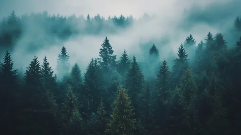 Misty Coniferous Forest in Layered Fog.