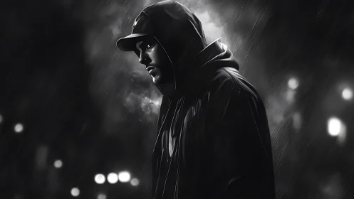 Hooded night wanderer pausing under rain soaked city lights.