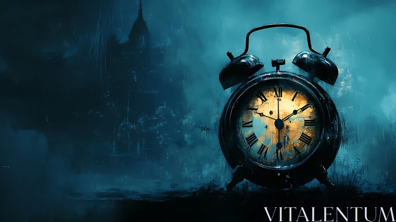 Midnight alarm clock burning through misty blue eternity.