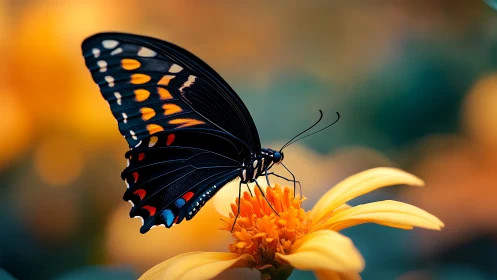 Midnight-winged butterfly sipping gold on sunlit petals.