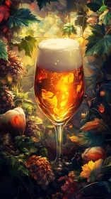 Golden beer glass amid hops and autumn foliage artwork.