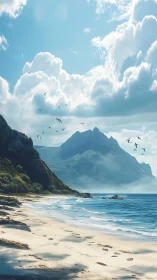 Mountainous Coastal Landscape with Dramatic Cloud Formation and Seabirds.