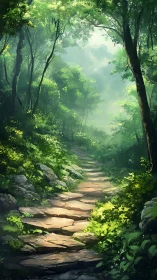 Misty Forest Pathway with Stone Steps Through Dappled Canopy Light