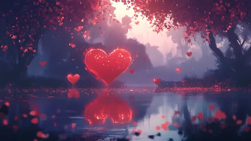 Glowing Hearts in Misty Forest Landscape.